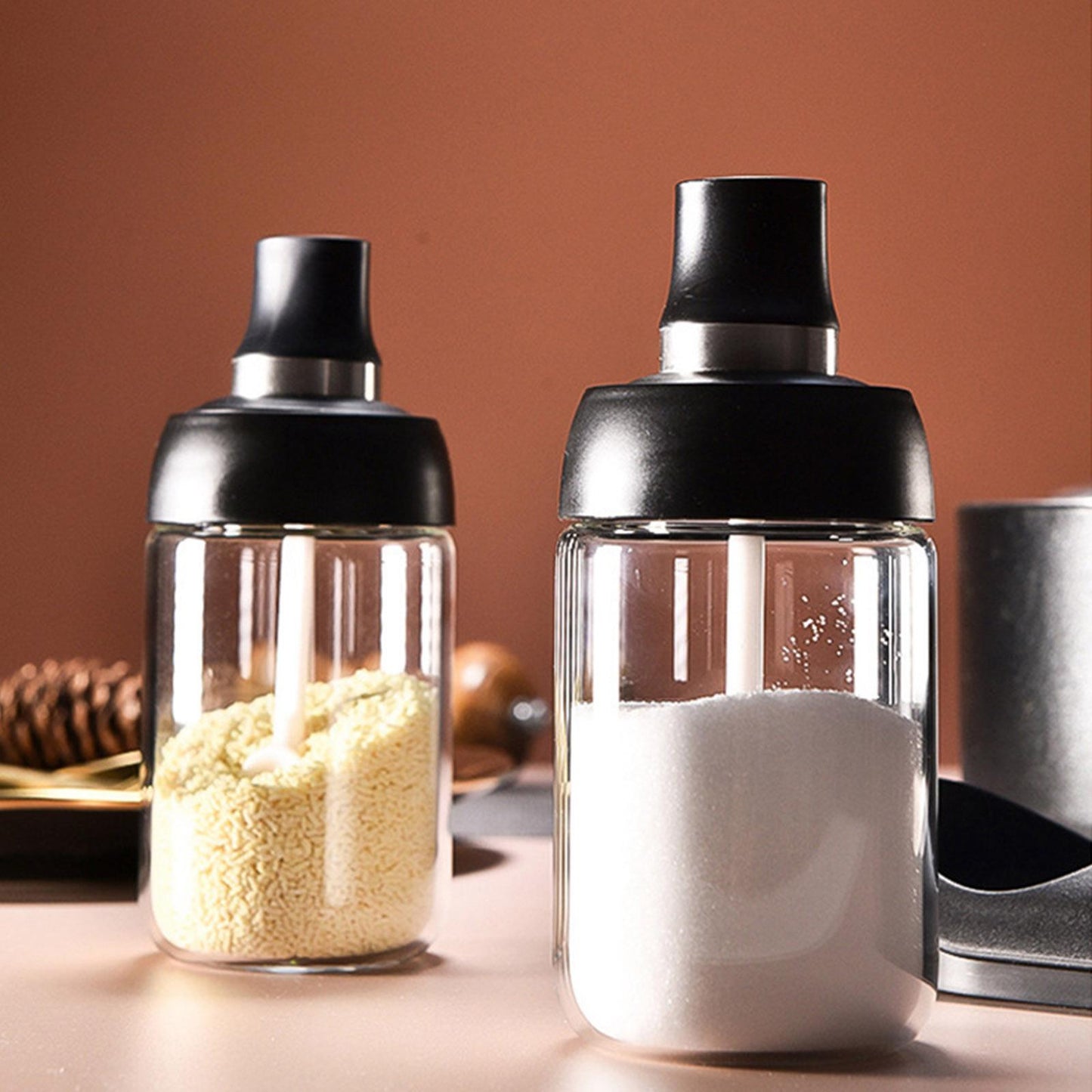 Kitchen Condiment Pots & Lid Sealed Store Various Spices Black Brush