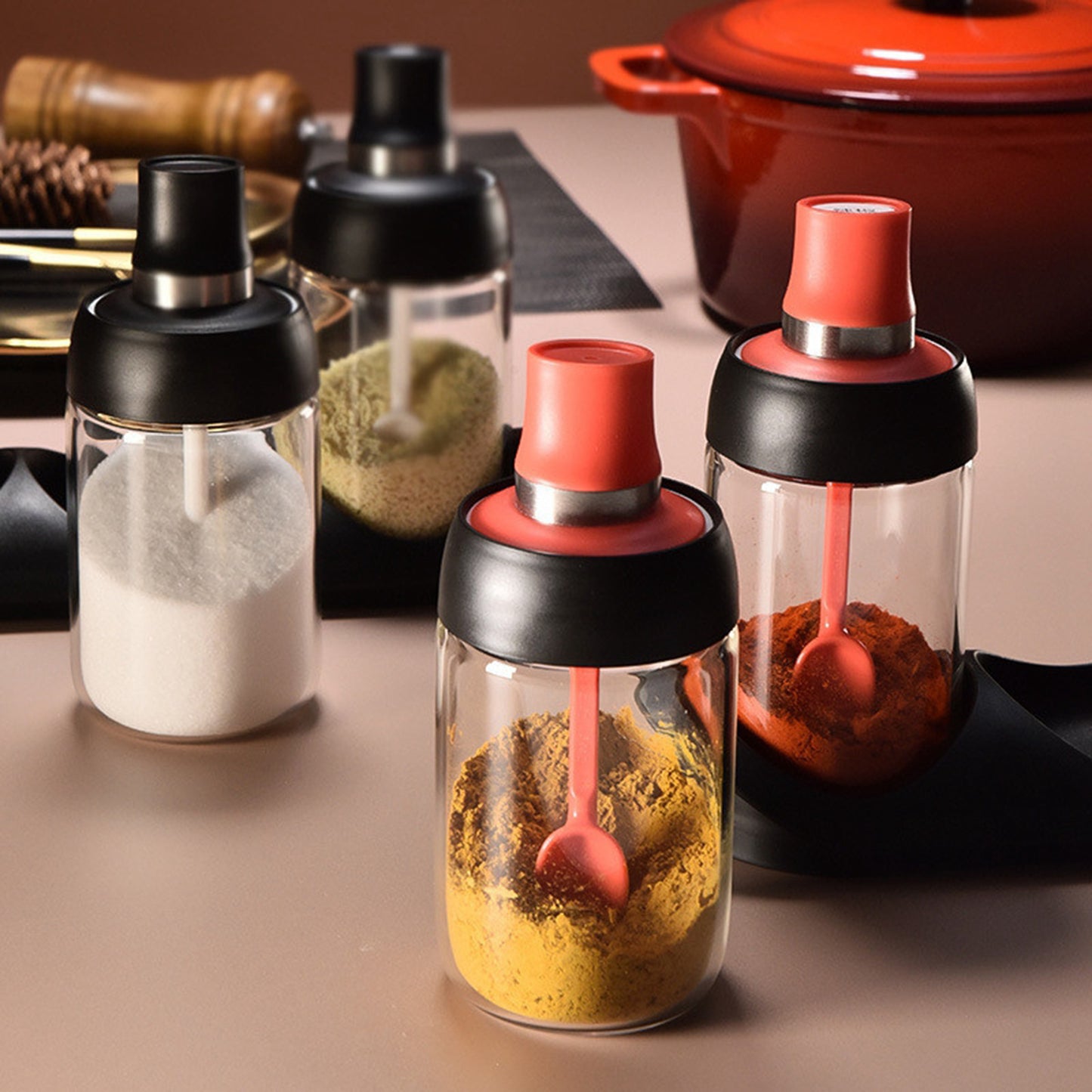Kitchen Condiment Pots & Lid Sealed Store Various Spices Black Honey Dippers