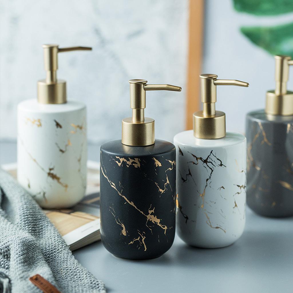 Ceramic Soap Dispenser 300ml Marble Pattern Pump Bottle for Kitchen Accs White