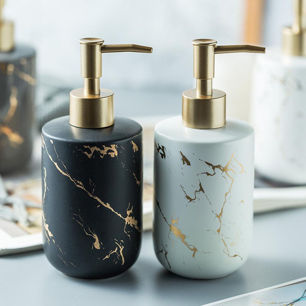 Ceramic Soap Dispenser 300ml Marble Pattern Pump Bottle for Kitchen Accs White