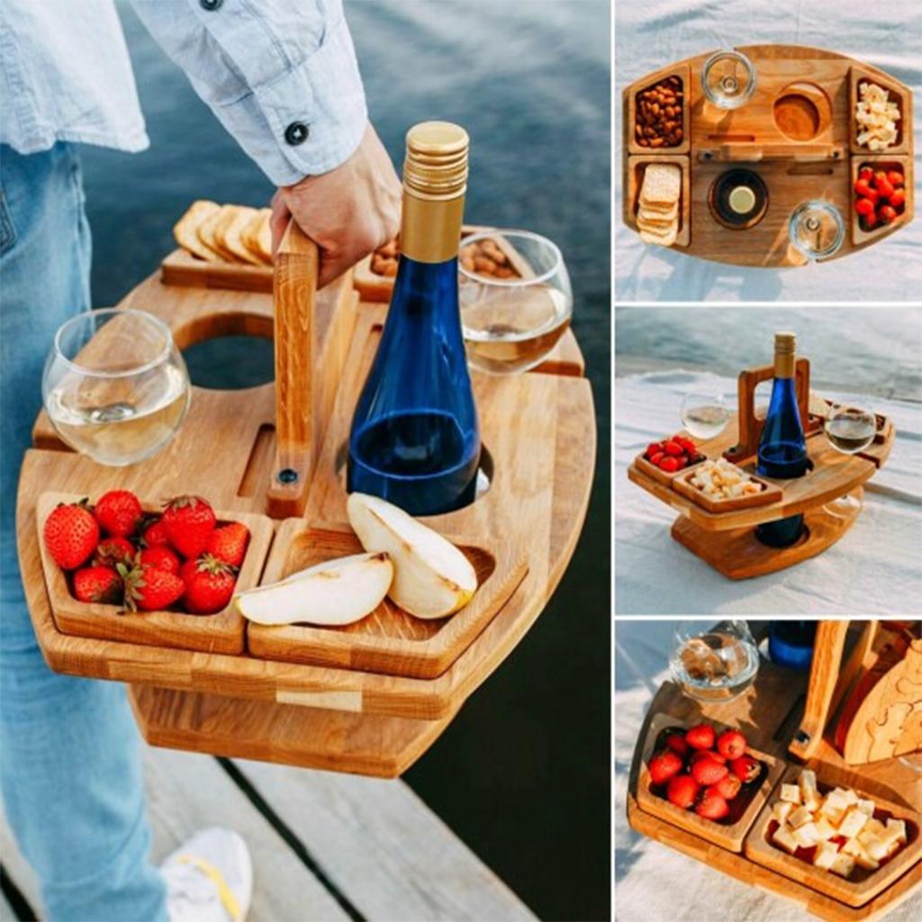 Portable Wooden Picnic Table Outdoor Wine Glass Holder Rack Detachable Desk
