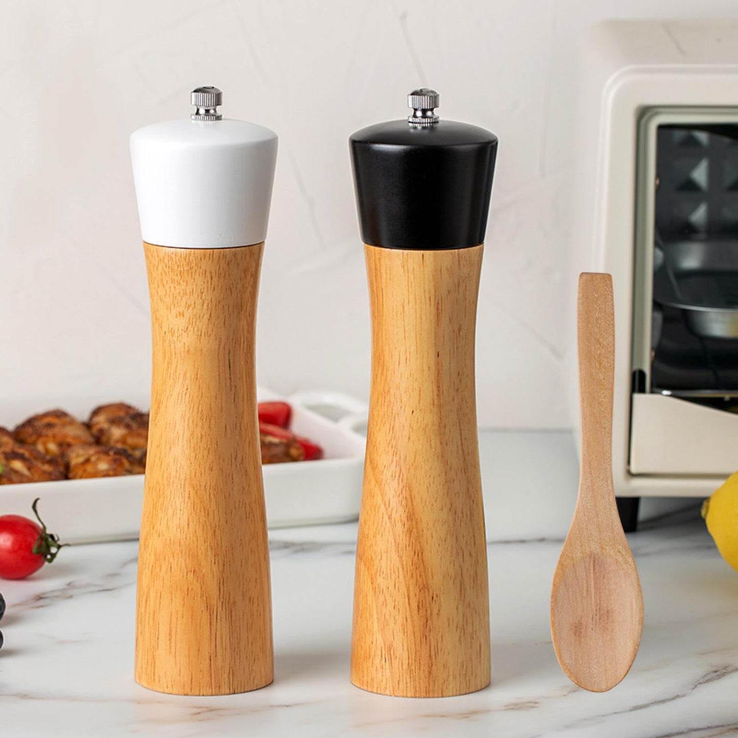 Wooden Salt and Pepper Grinders with a Spoon Manual Spice Shaker Mill Gifts