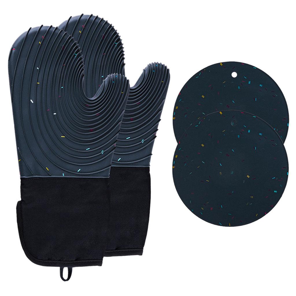Creative Kitchen Oven Mittens Water Waterproof Mitts Heat Insulation Gloves Dark Blue with Pad