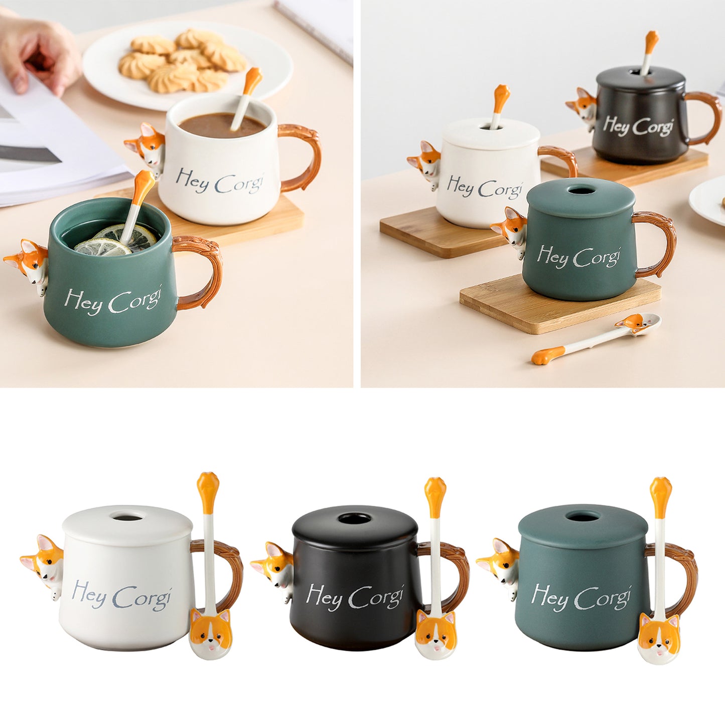 3D Corgi Ceramic Mug Novelty Juice Drink Cup for Girl Friends Green