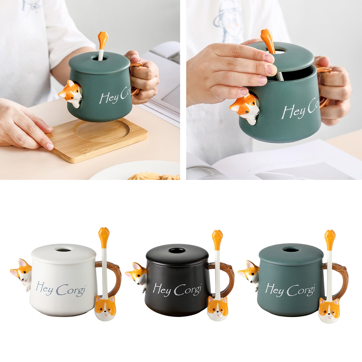 3D Corgi Ceramic Mug Novelty Juice Drink Cup for Girl Friends Green