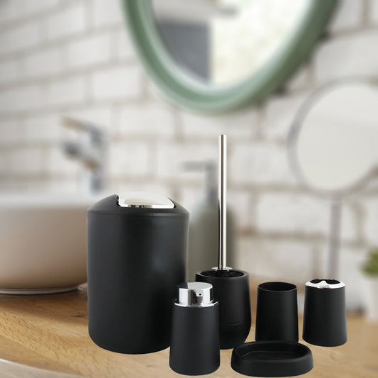 6Pieces Bathroom Accessories Set Tumbler Toothbrush Holder Toilet Brush Black