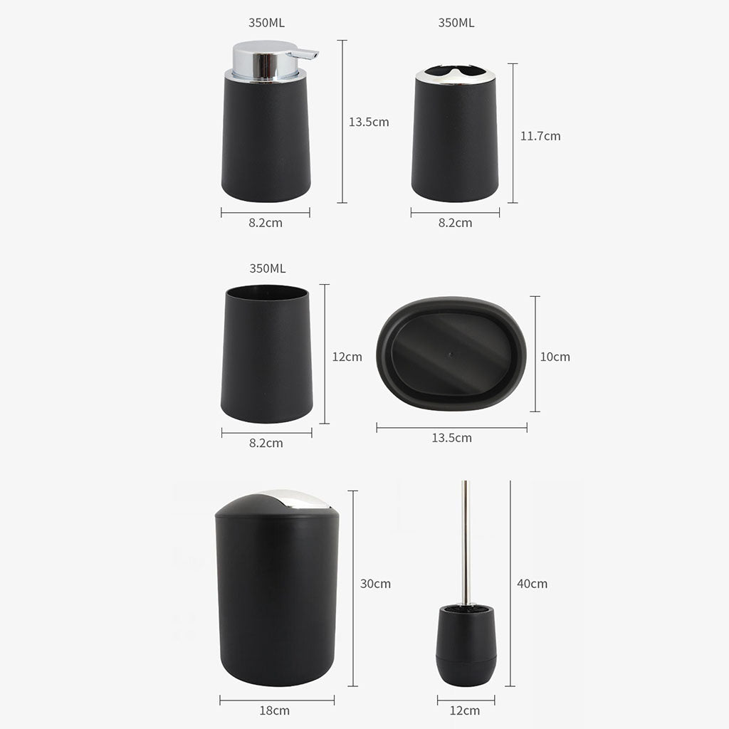 6Pieces Bathroom Accessories Set Tumbler Toothbrush Holder Toilet Brush Black