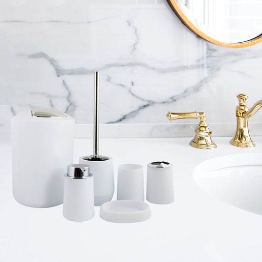 6Pieces Bathroom Accessories Set Tumbler Toothbrush Holder Toilet Brush White