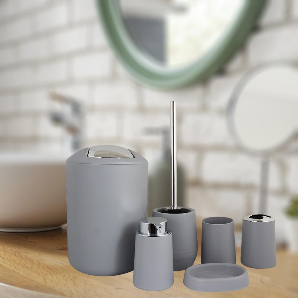 6Pieces Bathroom Accessories Set Tumbler Toothbrush Holder Toilet Brush Grey