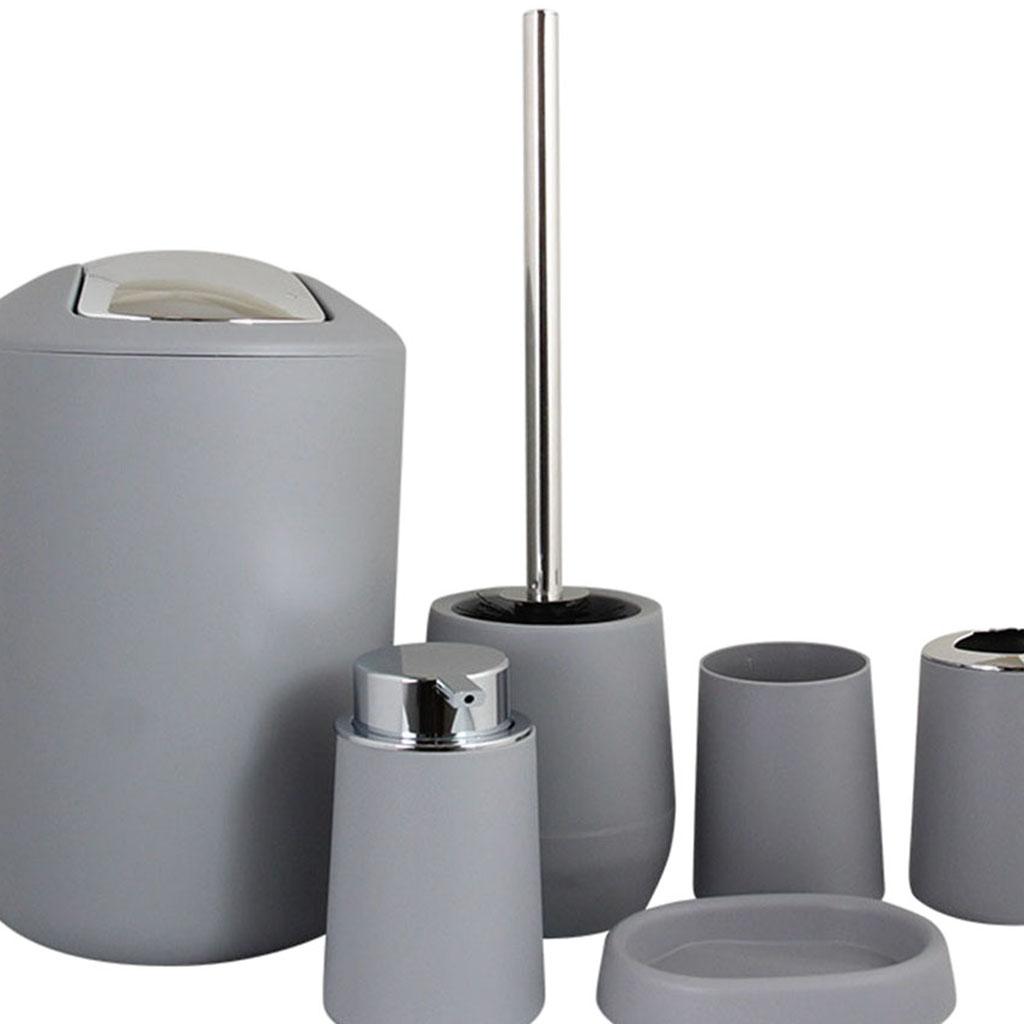 6Pieces Bathroom Accessories Set Tumbler Toothbrush Holder Toilet Brush Grey