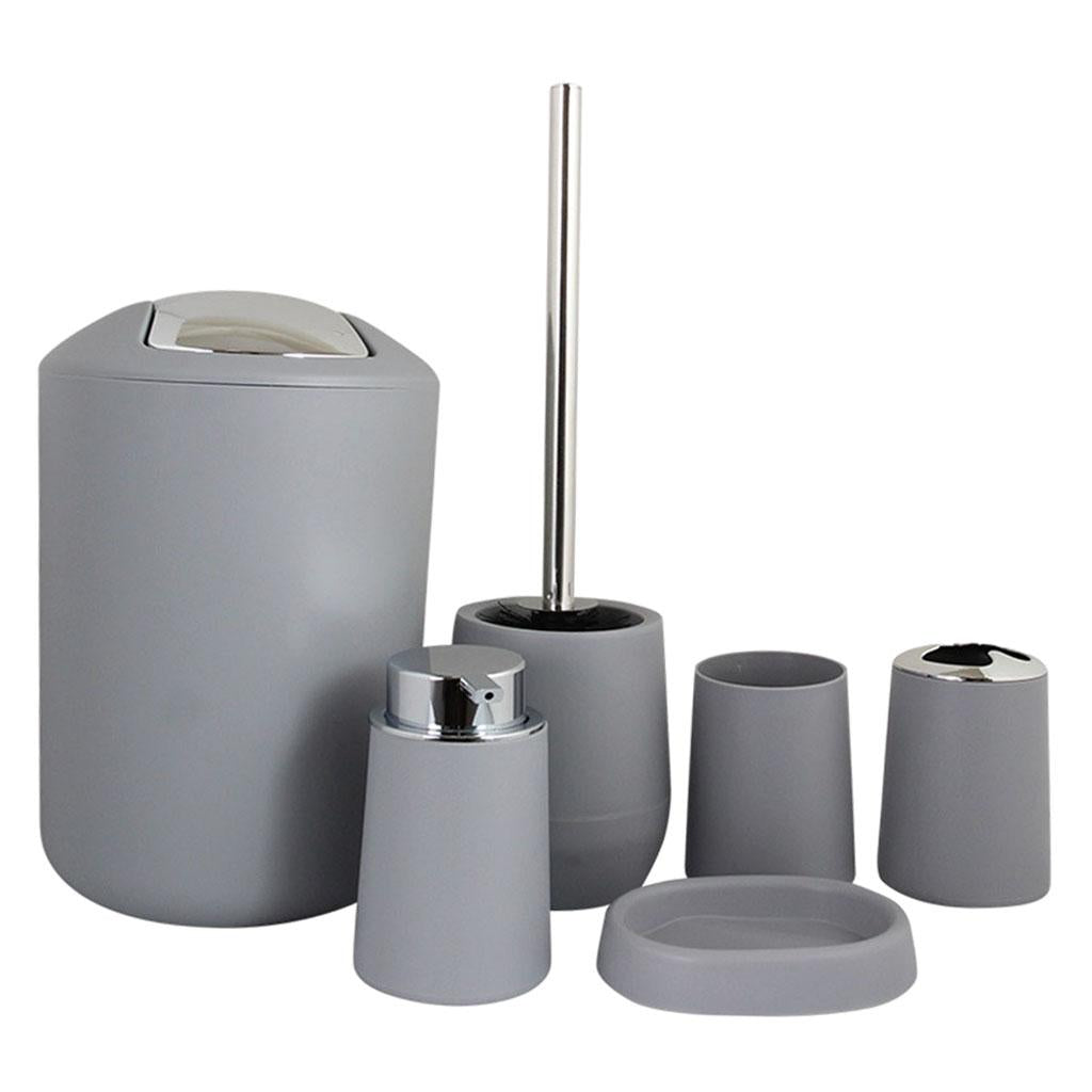 6Pieces Bathroom Accessories Set Tumbler Toothbrush Holder Toilet Brush Grey