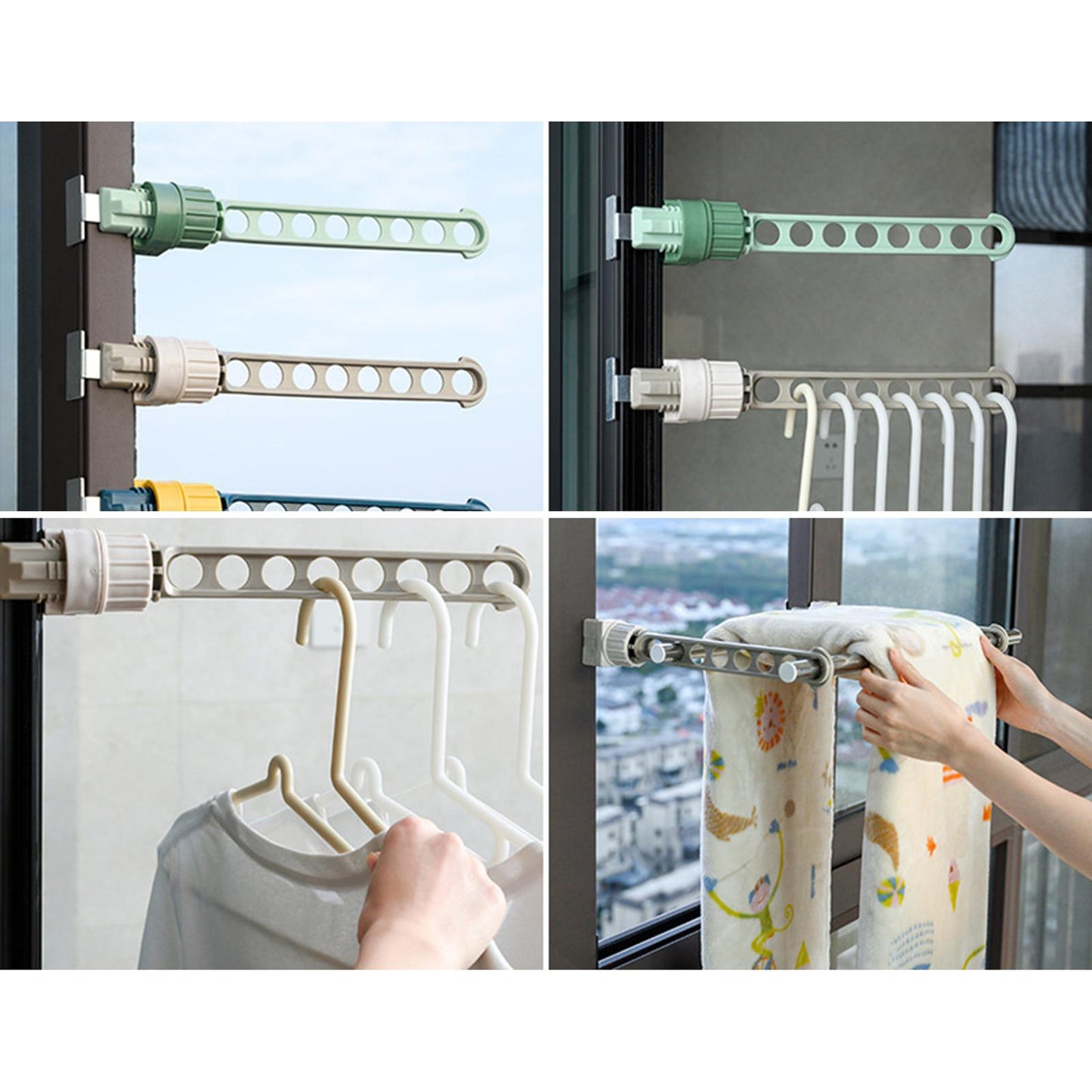 Space Saving Balcony 8 Hole Clothes Hanging Drying Rack Window Frame Hanger Blue
