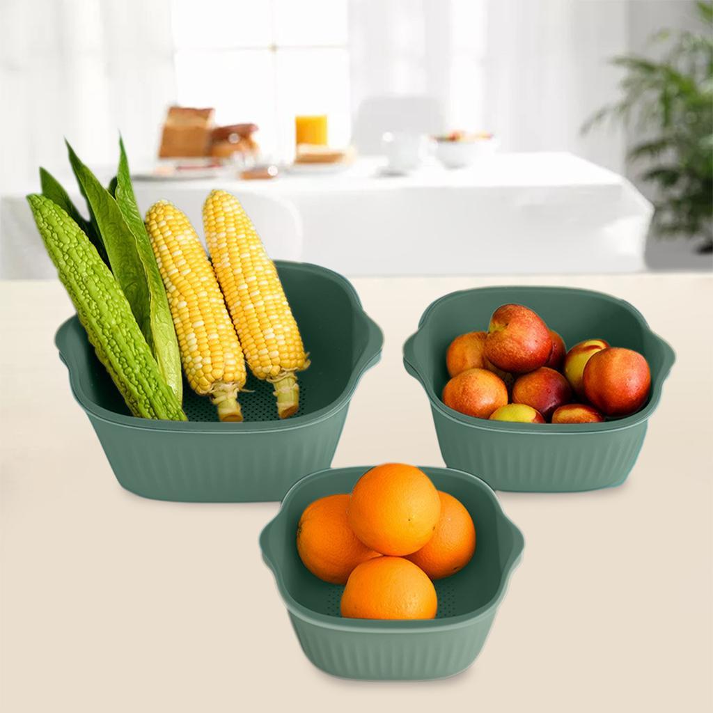 3Pcs Drain Basket Handle Double Layer Plate ABS Plastic for Living Room Green
