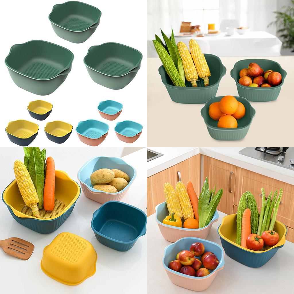 3Pcs Drain Basket Handle Double Layer Plate ABS Plastic for Living Room Green