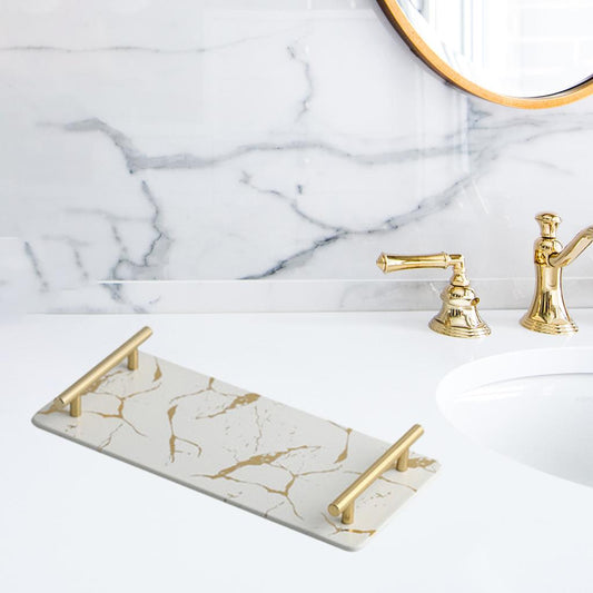 Marble Serving Tray with Handle Easy Clean for Home Living Room Decoration White Rectangle