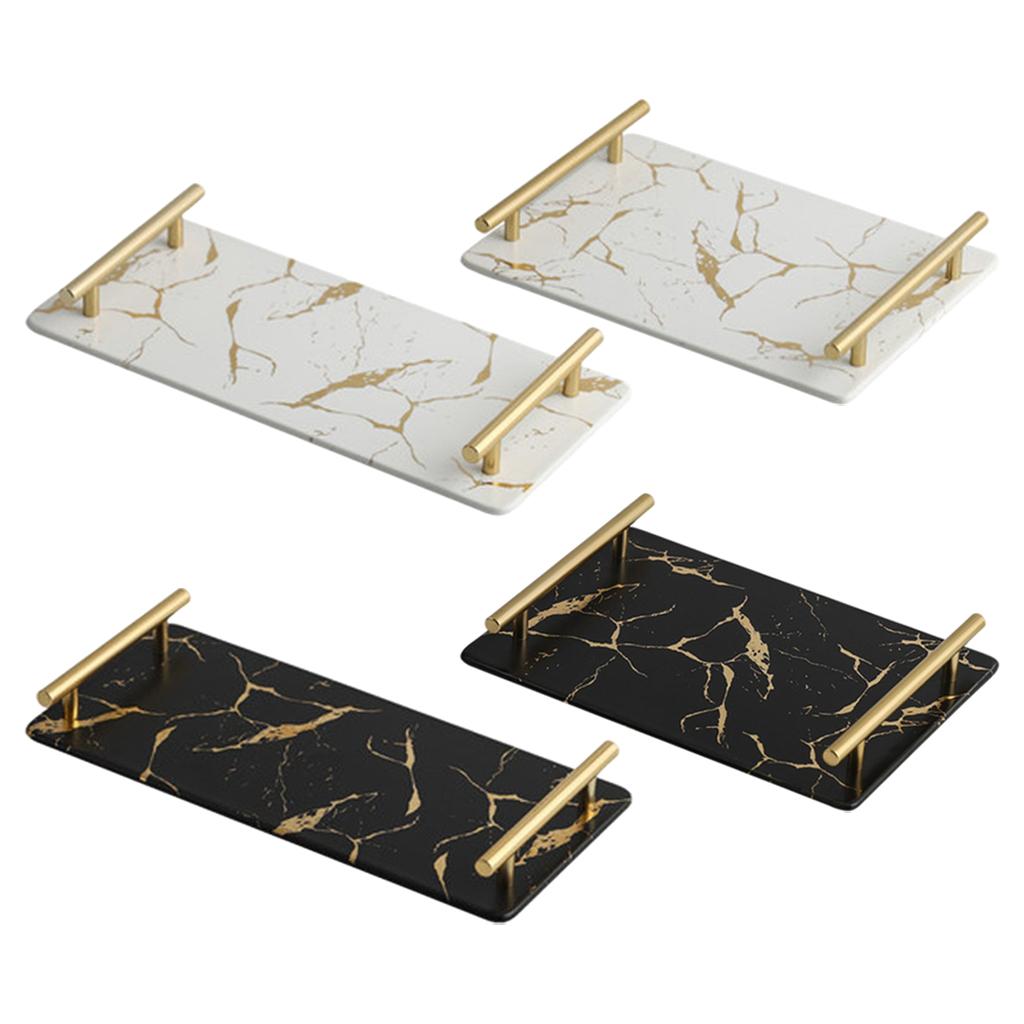 Marble Serving Tray with Handle Easy Clean for Home Living Room Decoration White Rectangle