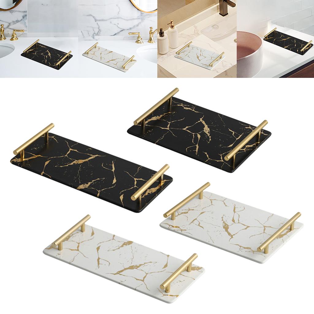Marble Serving Tray with Handle Easy Clean for Home Living Room Decoration White Rectangle