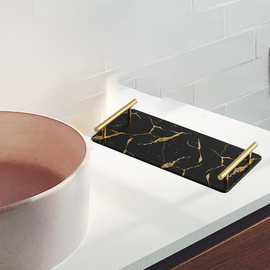 Marble Serving Tray with Handle Easy Clean for Home Living Room Decoration Black Rectangle