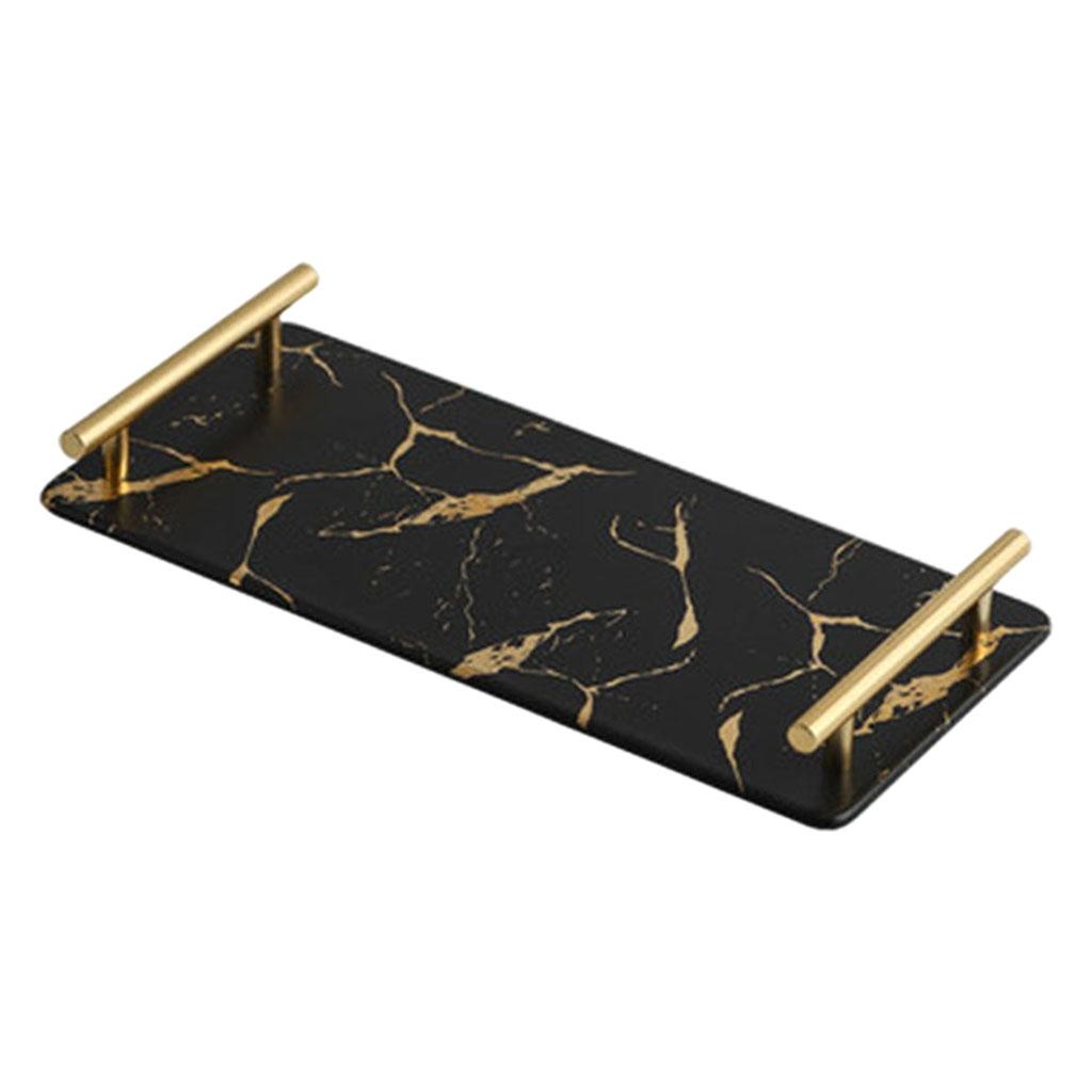 Marble Serving Tray with Handle Easy Clean for Home Living Room Decoration Black Rectangle