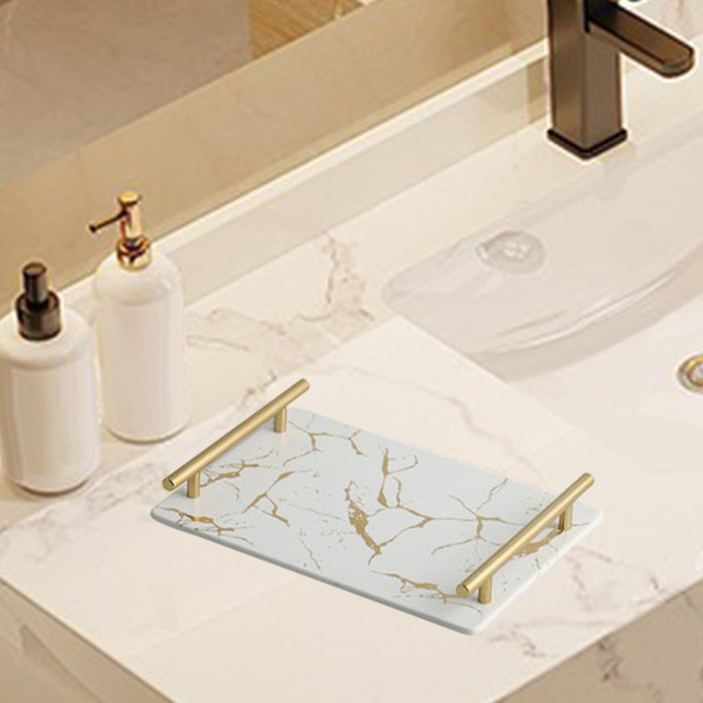 Marble Serving Tray with Handle Easy Clean for Home Living Room Decoration White Square