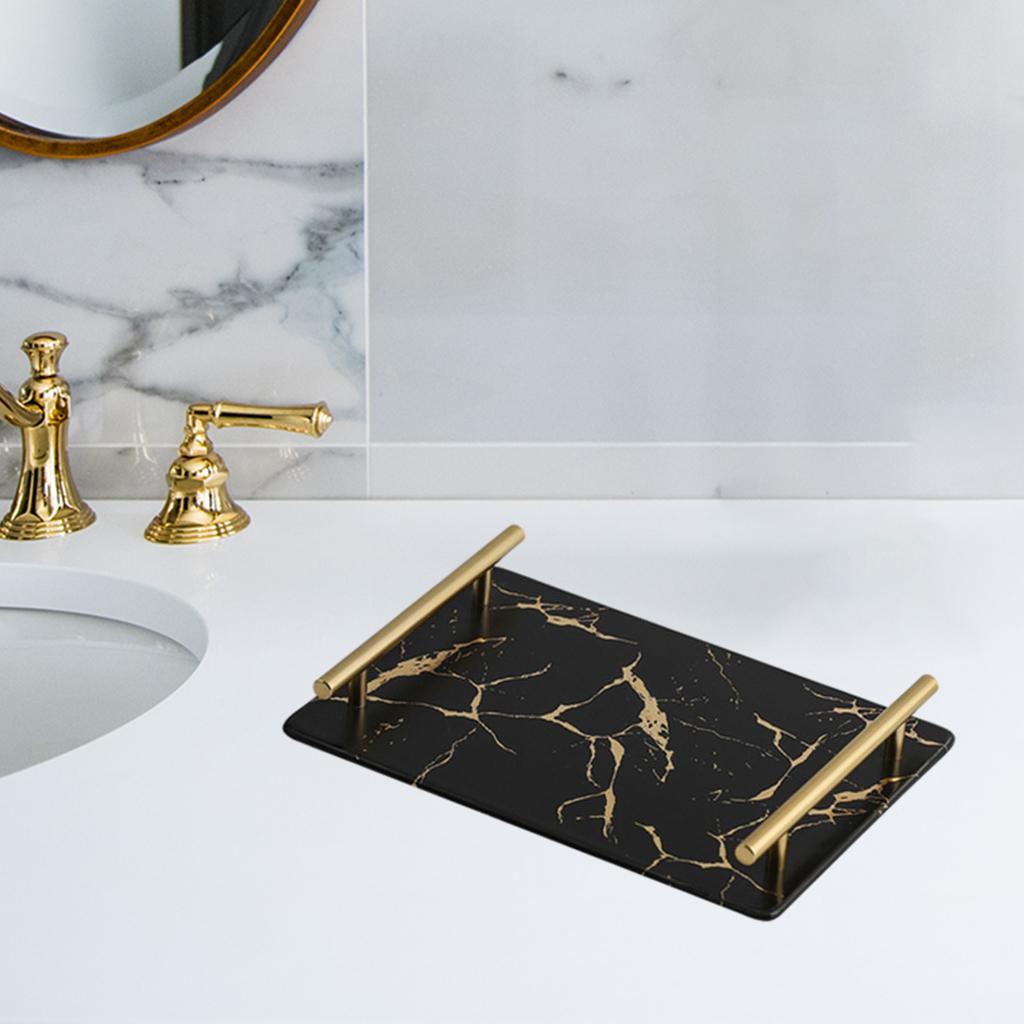Marble Serving Tray with Handle Easy Clean for Home Living Room Decoration Black Square