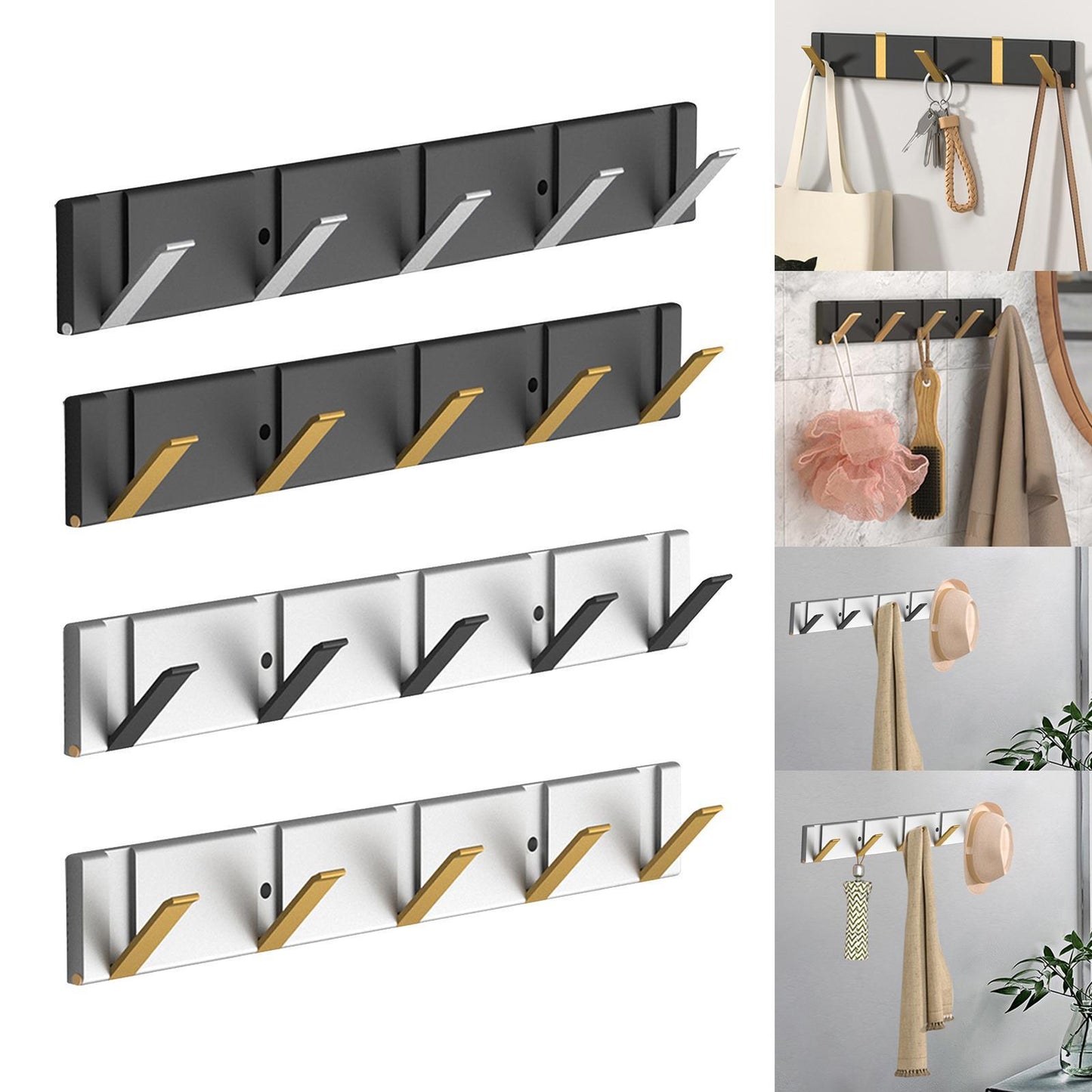 Metal Wall Mounted Coat Rack Foldable Hooks for Home Office Towels Hats black base silver