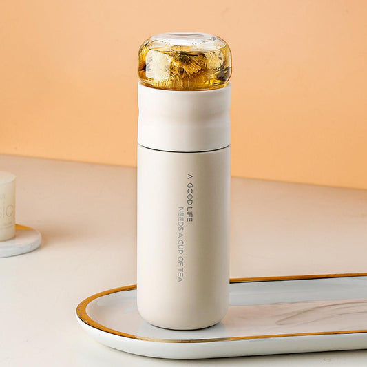 Insulated Bottle Leakproof with Glass Infuser Rotary Filtration for Home White