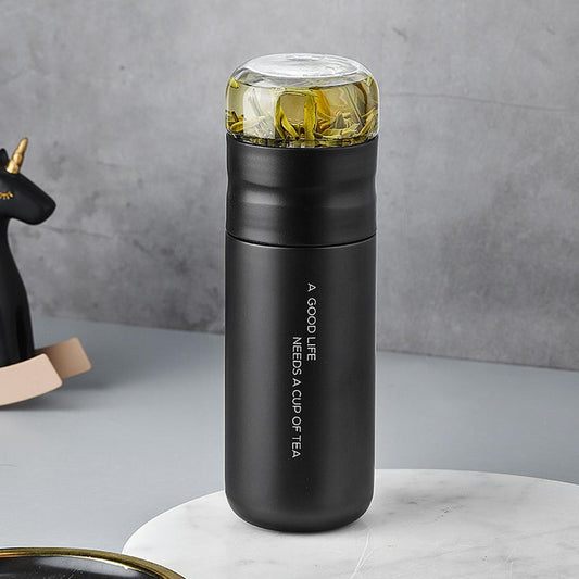 Insulated Bottle Leakproof with Glass Infuser Rotary Filtration for Home Black