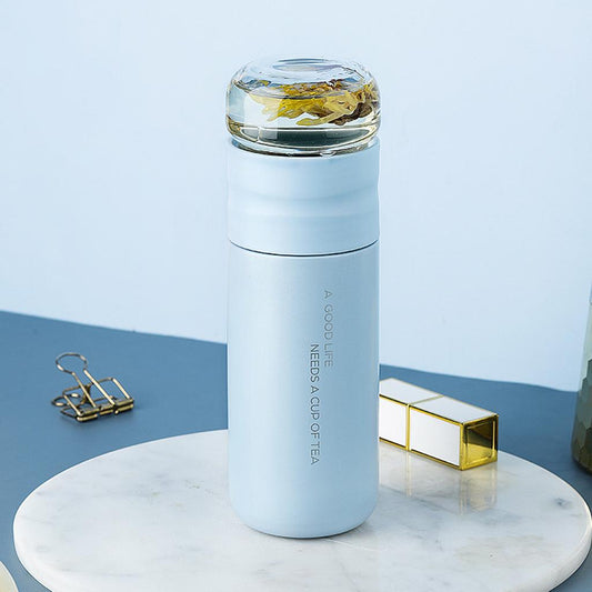 Insulated Bottle Leakproof with Glass Infuser Rotary Filtration for Home Blue