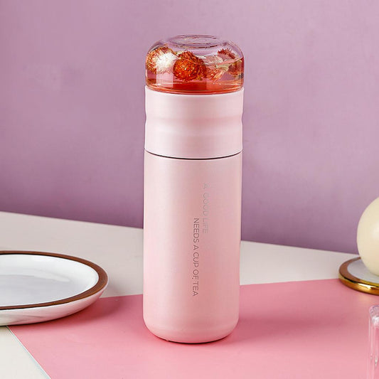 Insulated Bottle Leakproof with Glass Infuser Rotary Filtration for Home Pink