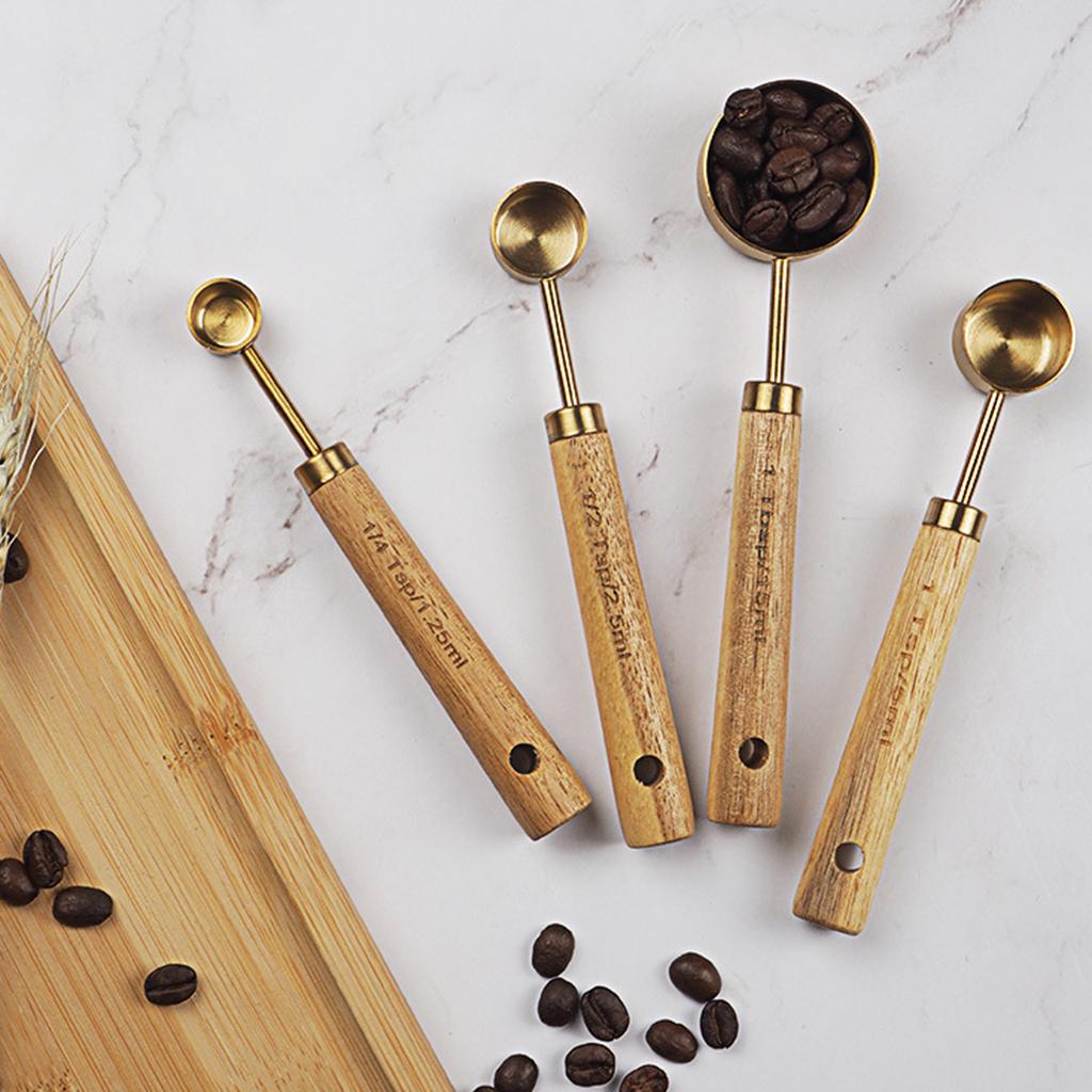 Stainless Steel Measuring Cups Spoons Set Wood Handle Measuring Spoon