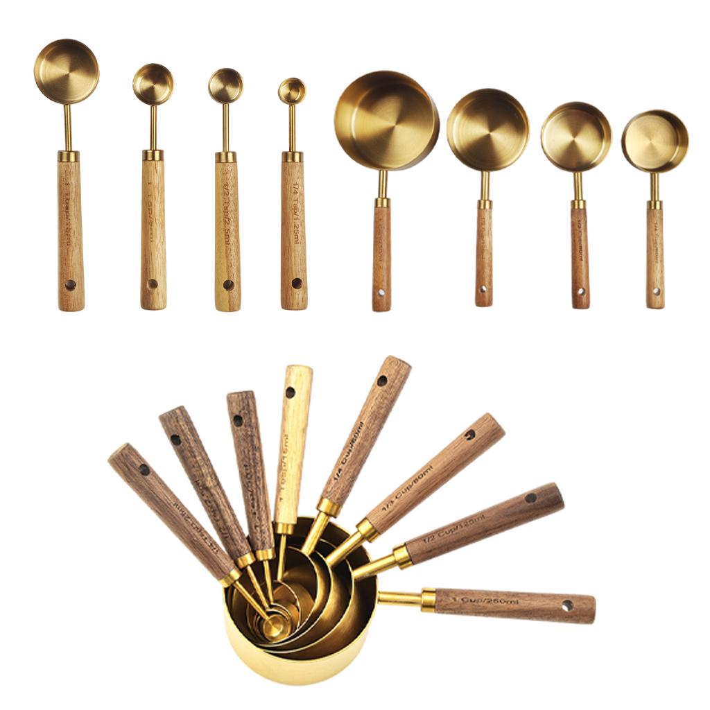 Stainless Steel Measuring Cups Spoons Set Wood Handle Measuring Spoon