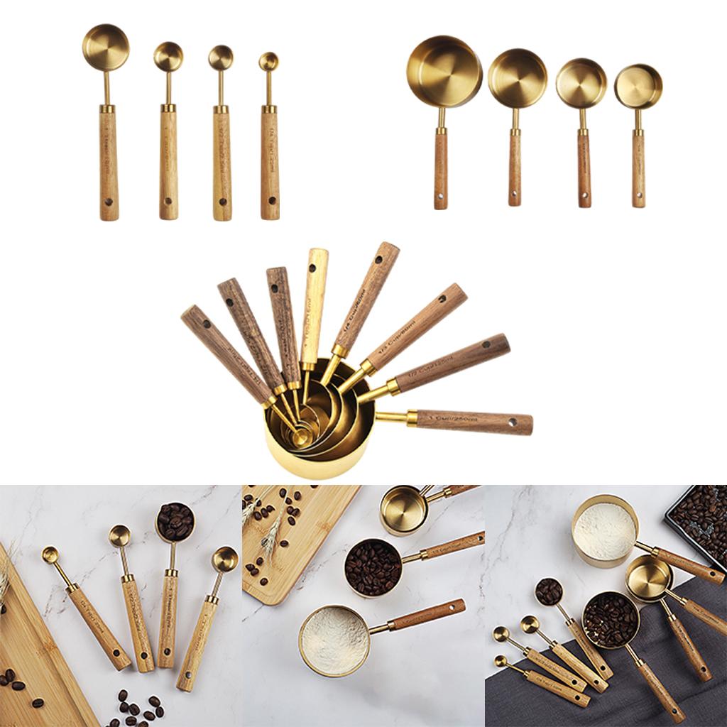 Stainless Steel Measuring Cups Spoons Set Wood Handle Measuring Spoon