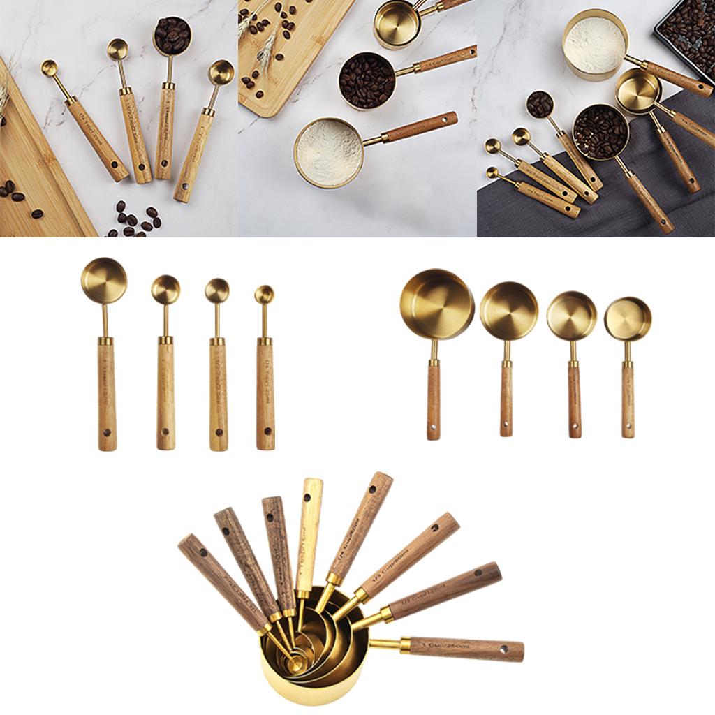 Stainless Steel Measuring Cups Spoons Set Wood Handle Measuring Spoon