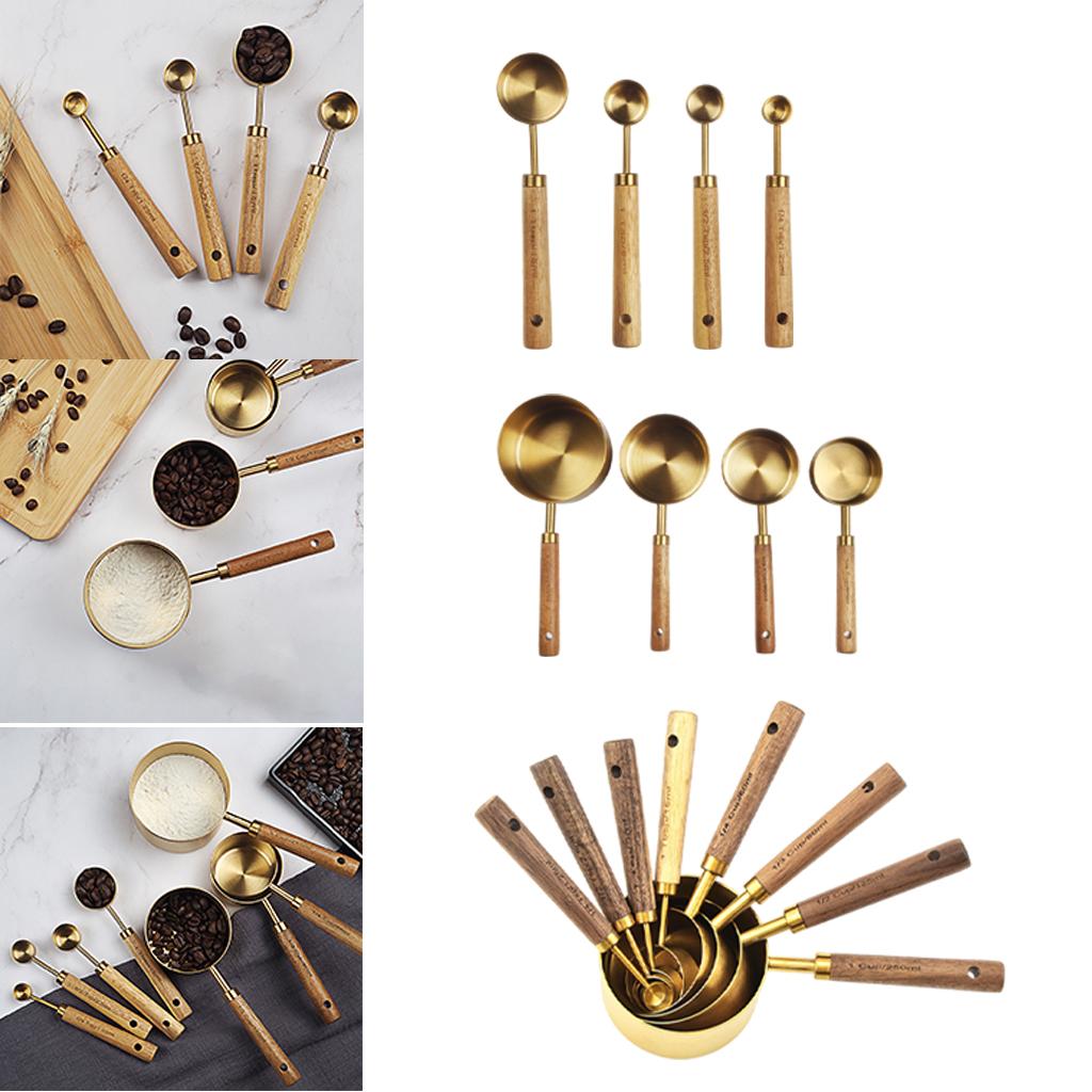 Stainless Steel Measuring Cups Spoons Set Wood Handle Measuring Spoon