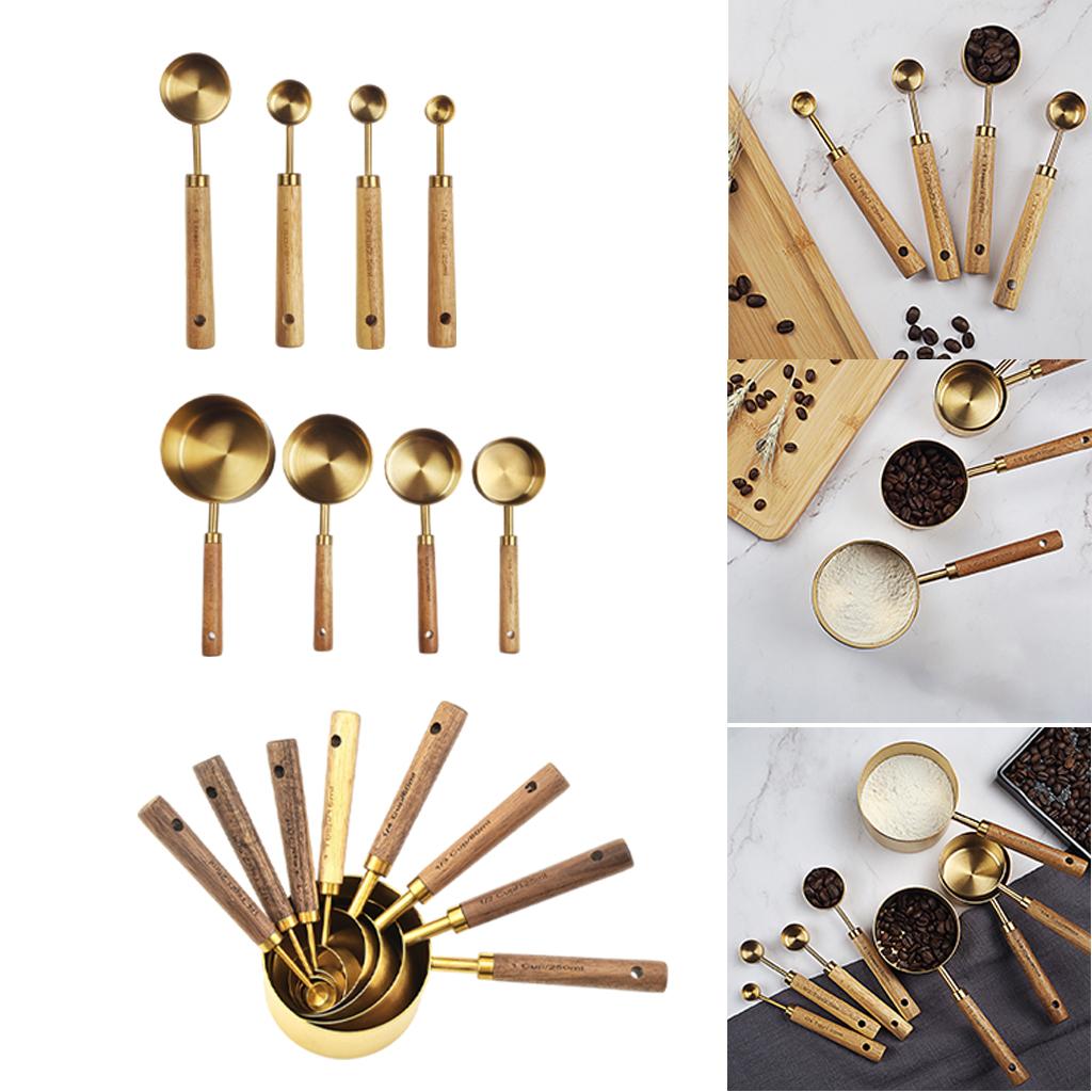 Stainless Steel Measuring Cups Spoons Set Wood Handle Measuring Spoon