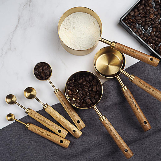 Stainless Steel Measuring Cups Spoons Set Wood Handle Measuring Spoon Cup