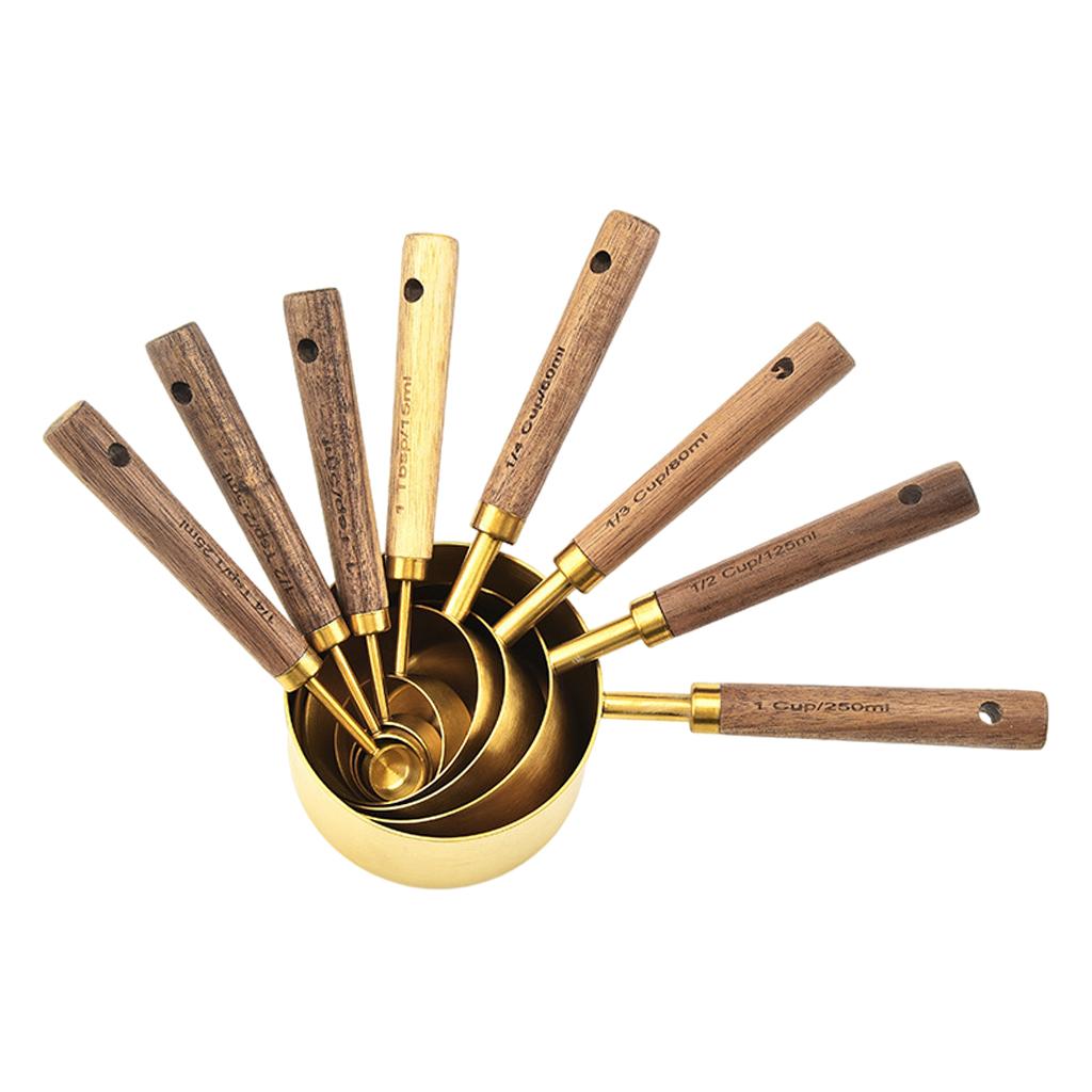 Stainless Steel Measuring Cups Spoons Set Wood Handle Measuring Spoon Cup
