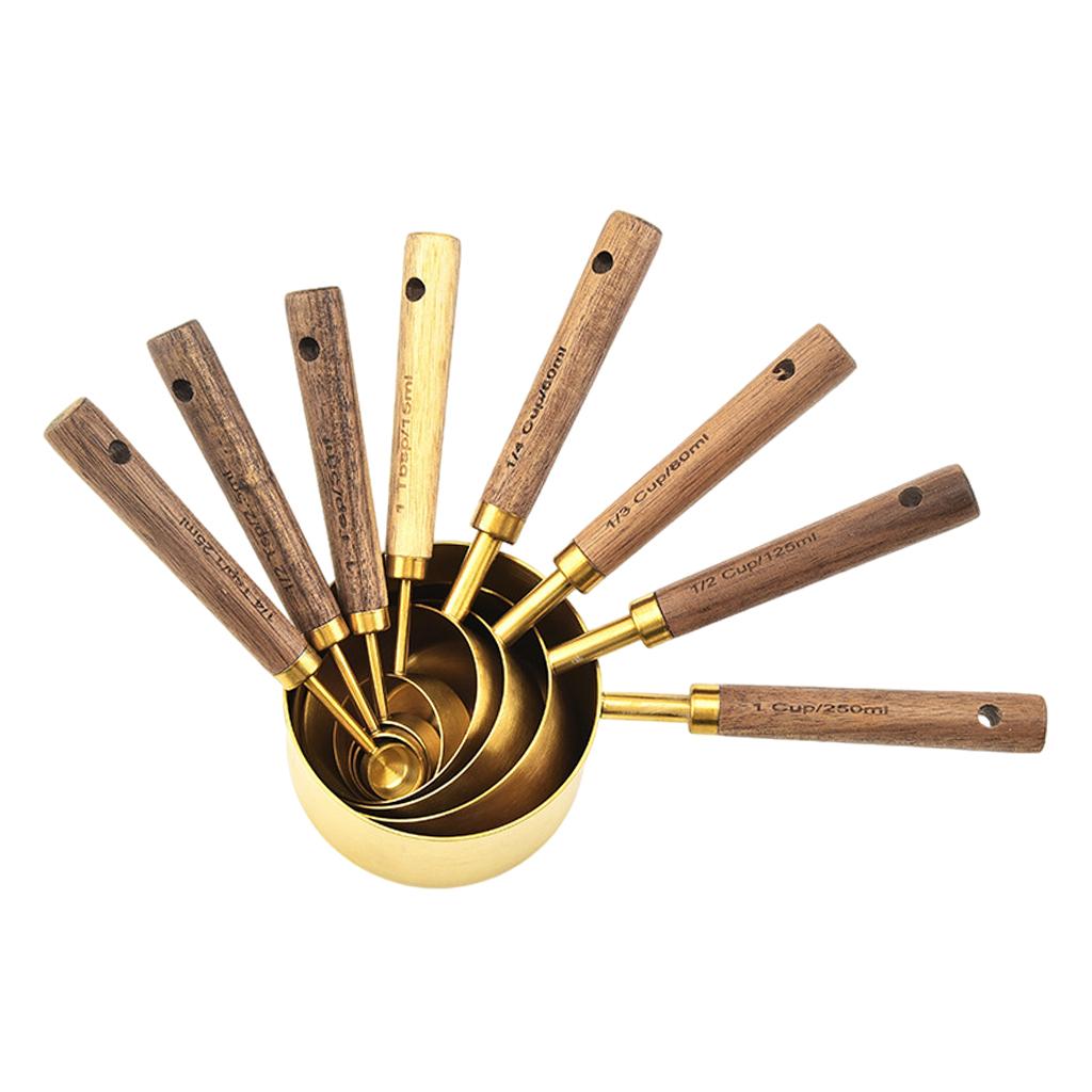 Stainless Steel Measuring Cups Spoons Set Wood Handle Measuring Spoon Cup