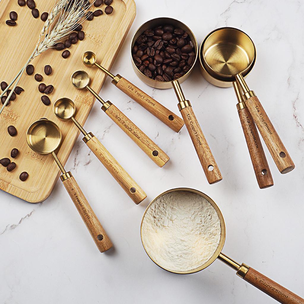 Stainless Steel Measuring Cups Spoons Set Wood Handle Measuring Spoon Cup
