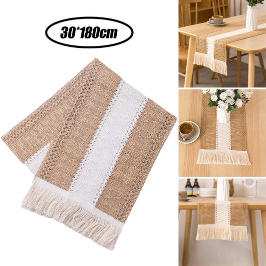 Cotton Linen Macrame Table Runner Tassels Braided for Party Farmhouse Home 30x180cm