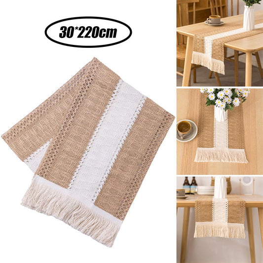Cotton Linen Macrame Table Runner Tassels Braided for Party Farmhouse Home 30x220cm