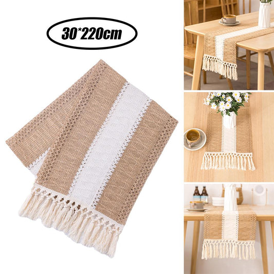 Macrame Table Runner Cream Beige Hollow Tassels for Home for Boho Party 11.8×86.6inch