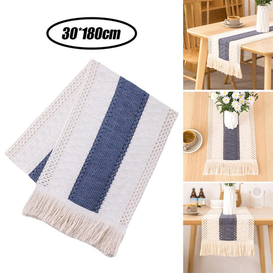 Macrame Table Runner Rustic Style Hollow Tassels Woven for Bohemian Dining blue11.8×70.9inch