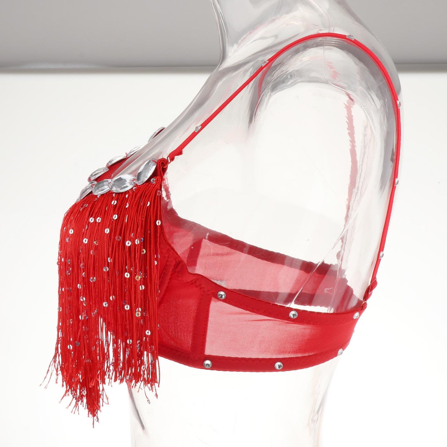 Belly Dance Bra Sparkle Sequined Tassel Top Party Club Red