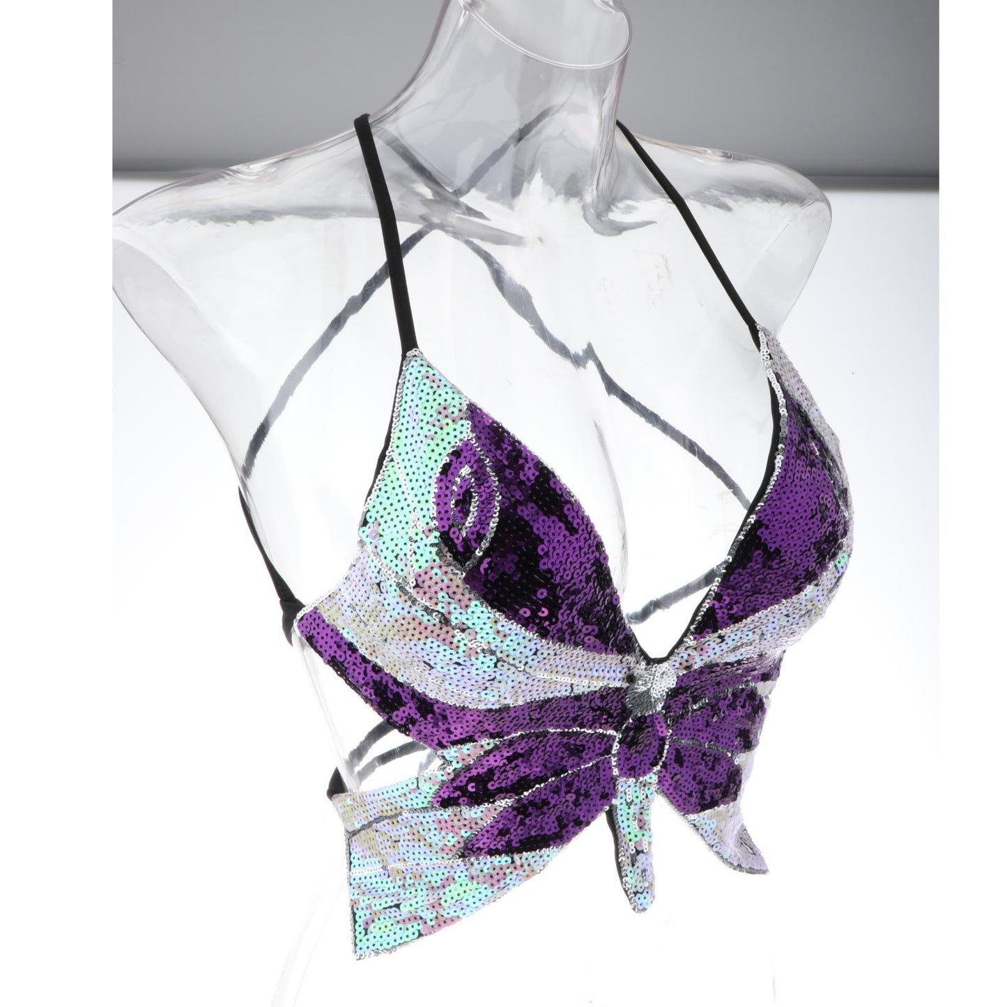 Belly Dance Bra Top Women Sequined Dance Costumes Butterfly Tops Purple