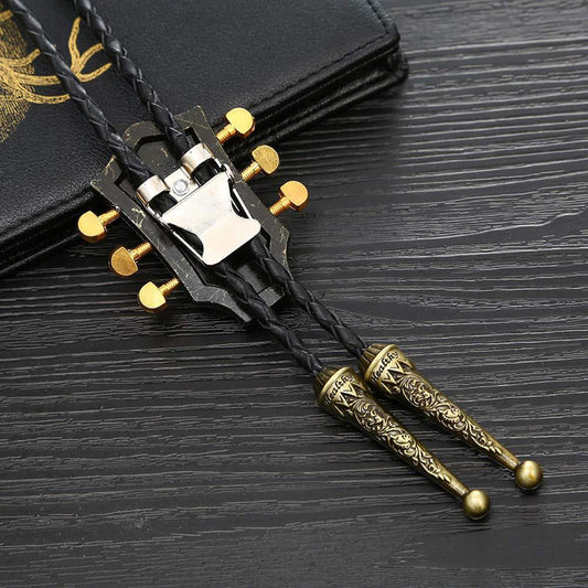 Guitar Head Bolo Tie Wedding Necklace PU Leather Rope Western Cowboy Copper