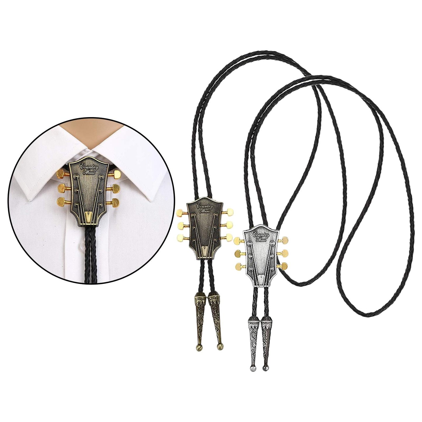 Guitar Head Bolo Tie Wedding Necklace PU Leather Rope Western Cowboy Copper