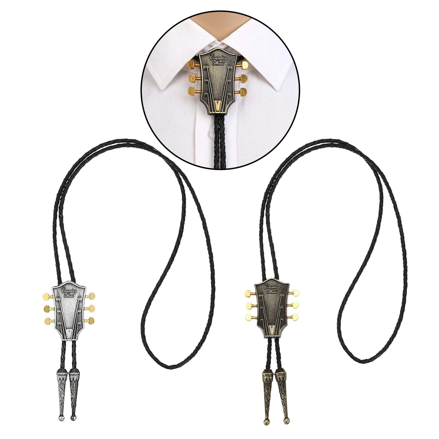 Guitar Head Bolo Tie Wedding Necklace PU Leather Rope Western Cowboy Copper