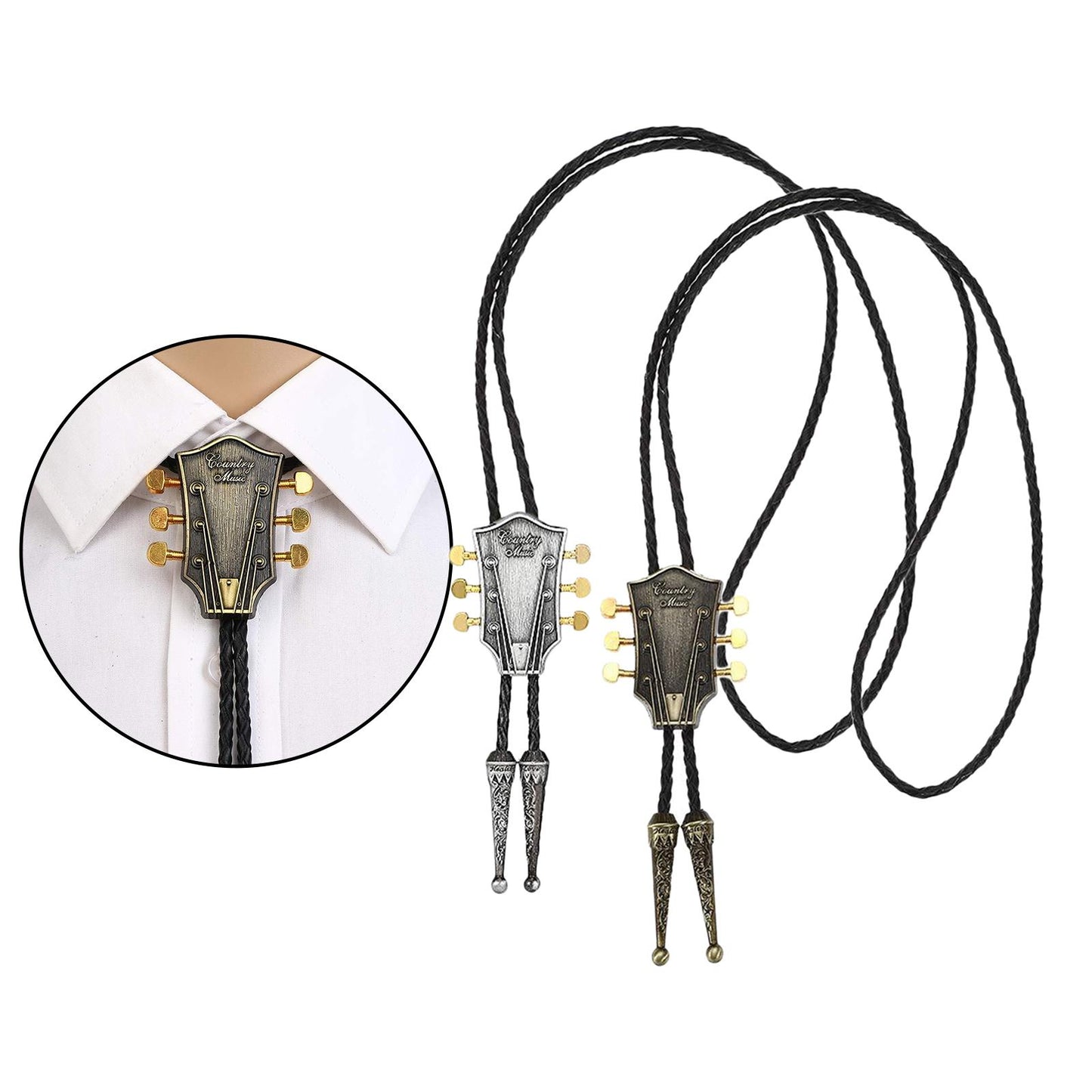 Guitar Head Bolo Tie Wedding Necklace PU Leather Rope Western Cowboy Copper